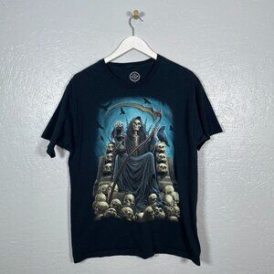 ODM Men L Black Grim Reaper Skull Throne Graphic T-Shirt Cotton Grunge Goth
